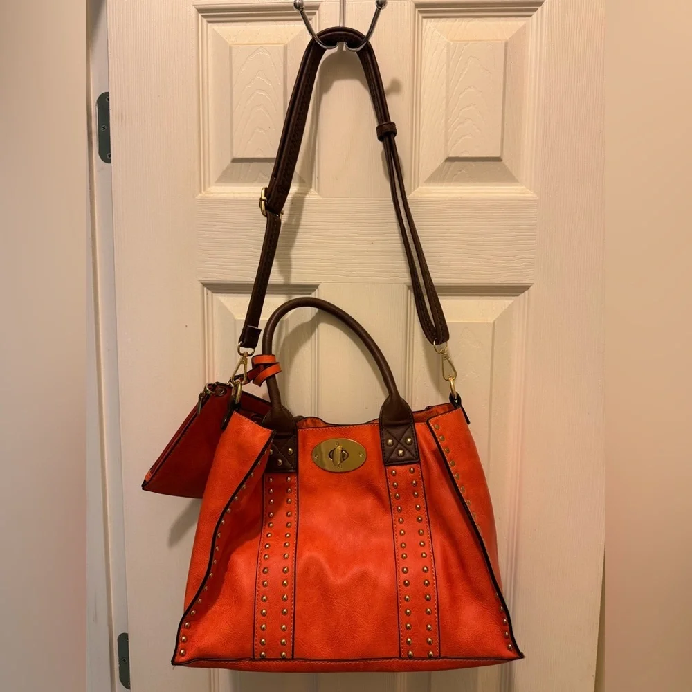 Alyssa Orange and Brown Leather‎ Shoulder Bag with Gold Clasp
